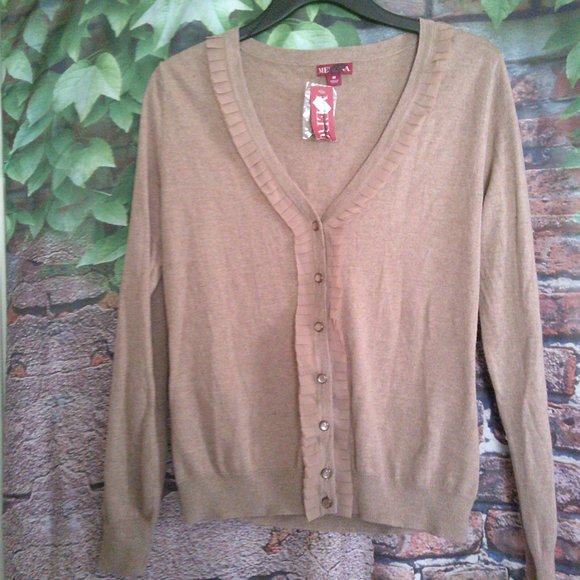 Long Sleeve V Neck Button Down Ruffled Cardigan - Picture 1 of 4
